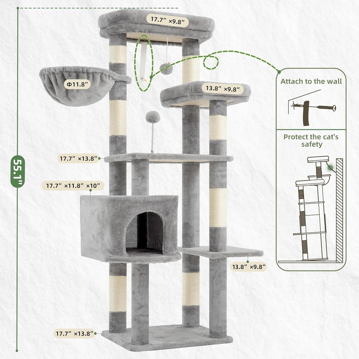 Gitelsnour 55.1'' Cat Tree Tower for Indoor Cats, Large Platform, GCT013W
