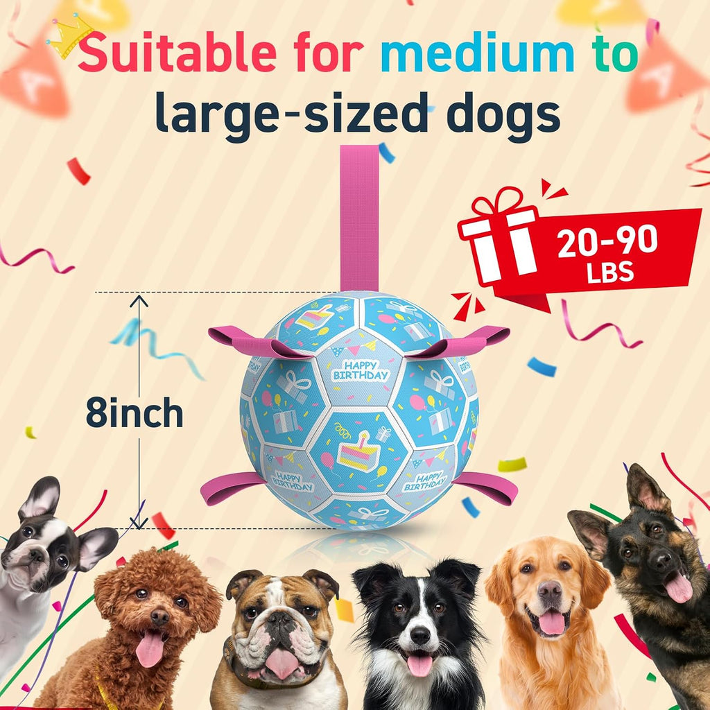 QDAN Dog Birthday Toys, Puppy Birthday Gifts, Dog Soccer Ball with Straps | 8 Inch Outdoor Herding Balls for 30-90 lbs Dogs, Interactive Training Soccer Toy for Tug of War, Dog Ball to Keep Them Busy