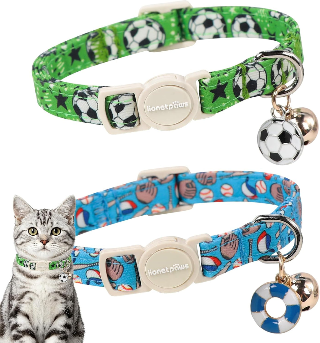 LIONET PAWS 2 Pack Breakaway Cat Collars, Cute Soft Cotton Blue Baseball & Green Soccer Kitten Collars with Bell for Boy Girl Cats