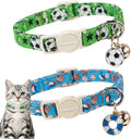 LIONET PAWS 2 Pack Breakaway Cat Collars, Cute Soft Cotton Blue Baseball & Green Soccer Kitten Collars with Bell for Boy Girl Cats