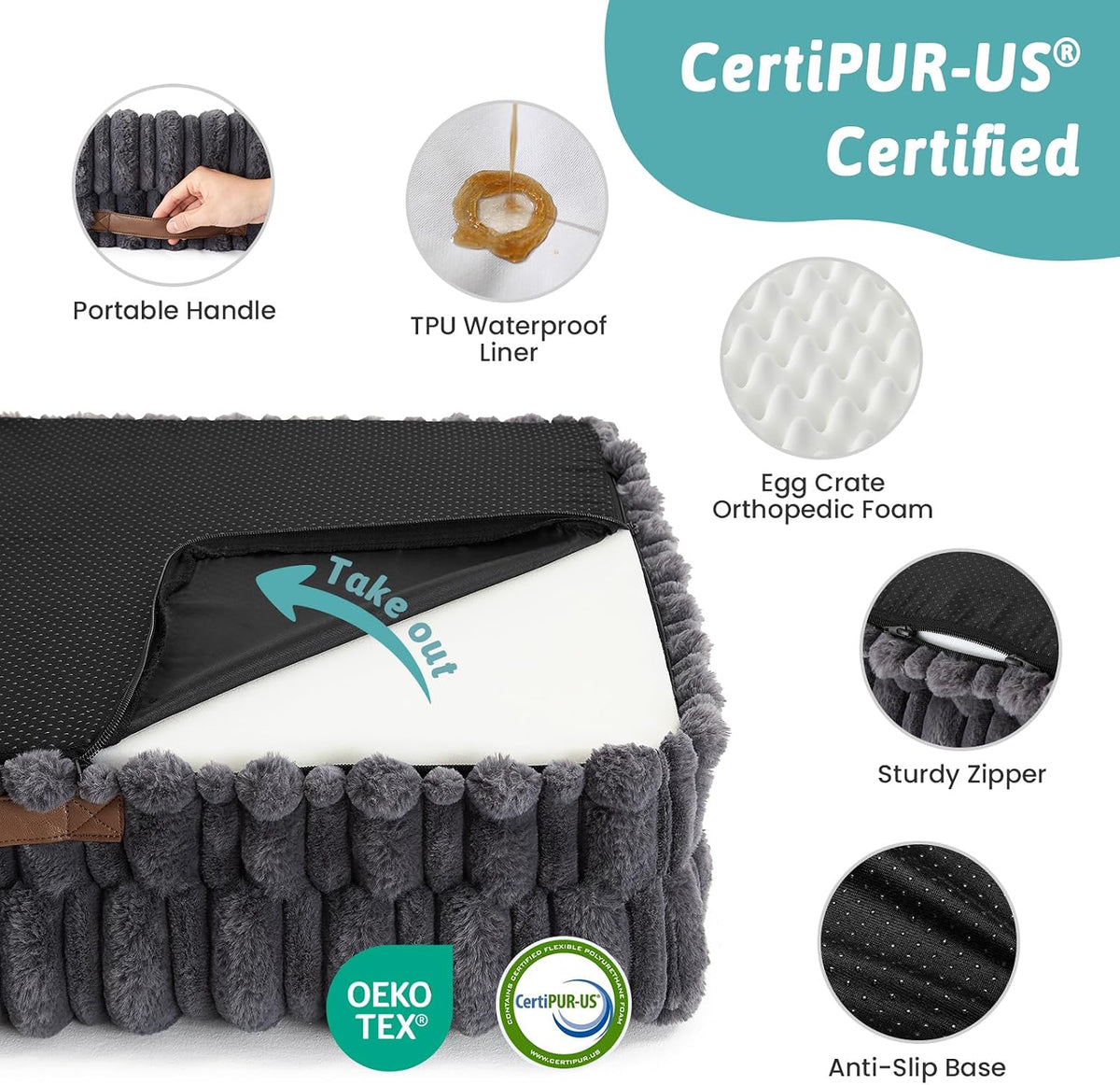 COZY KISS Orthopedic Warming Dog Beds Large Sized Dog, 36“, L, Dark Gray