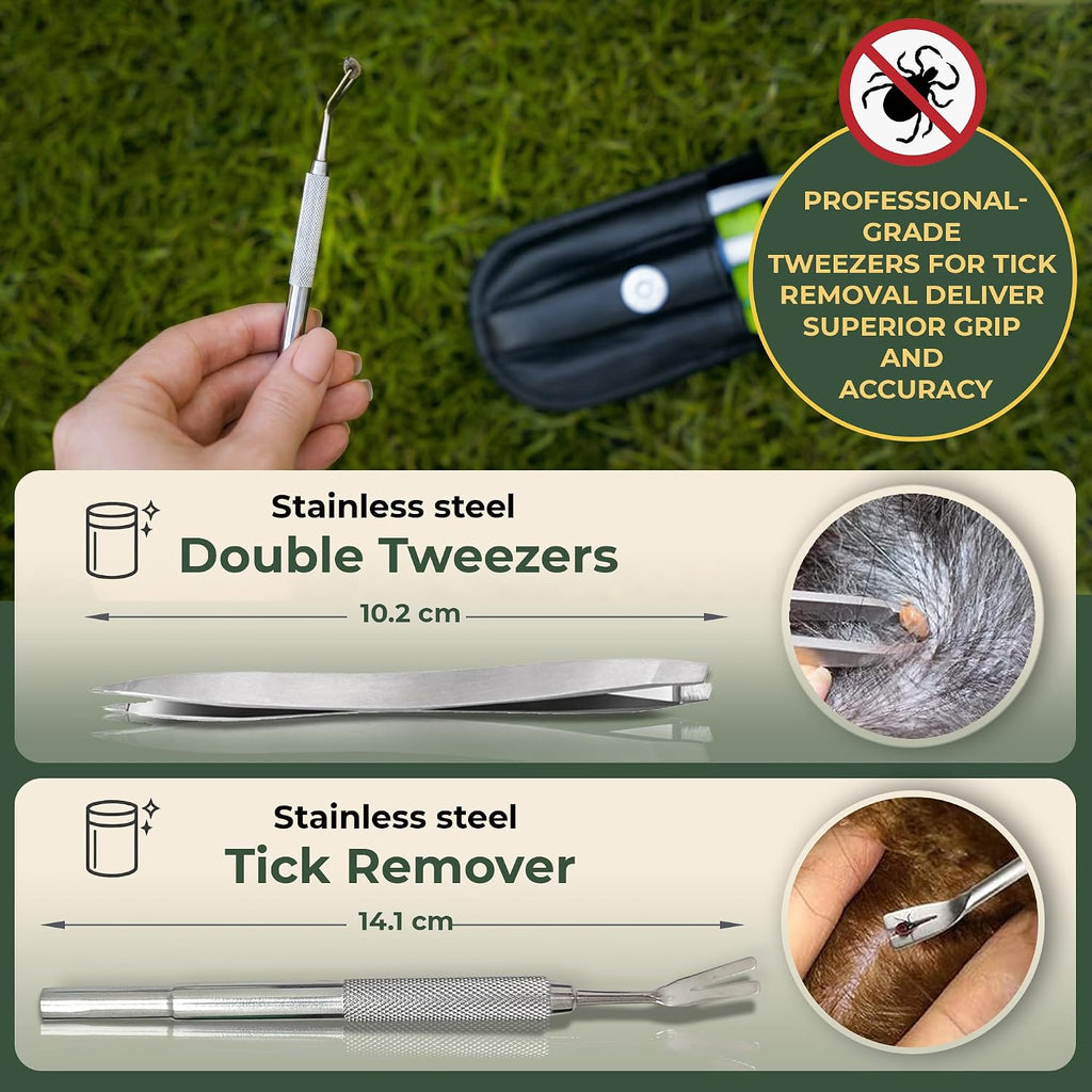 VENOMKILLER 6-in-1 Tick Remover Kit – Tick Removal Tool Set with Stainless Steel Tick Tweezers, Tick Card, Hooks & Leather Case – Tick Remover for Dogs, Cats & Humans