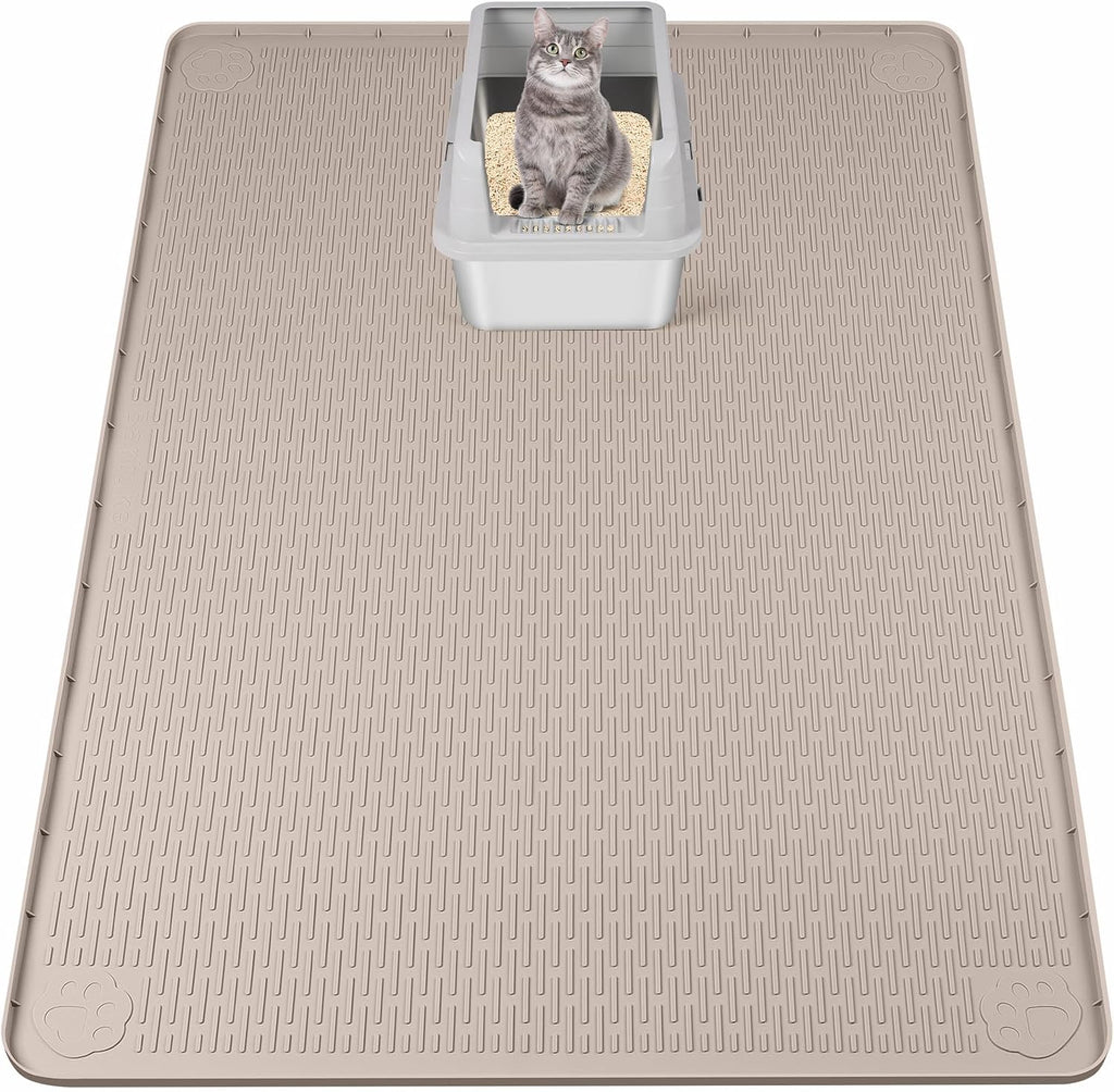 Silicone Cat Litter Mat for Litter Box 50”x35” Large Cat Mat, Khaki | Waterproof, Non-Slip, Leak-Proof Rug Mat with Lip, Easy to Clean, Extra Large Litter Catcher Mat for Floor