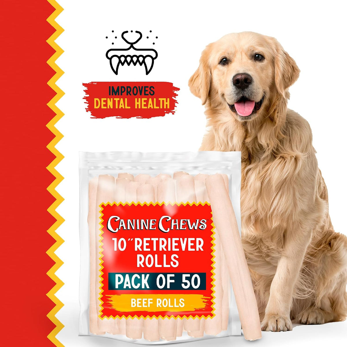 Canine Chews 10" Dog Rawhide Retriever Rolls - Rawhide Bones for Large Dogs (50 pk) - Natural Beef Dog Rawhide Chews - Single Ingredient Dog Rawhide Bones - Large Rawhide Bones for Dogs Dental Chew