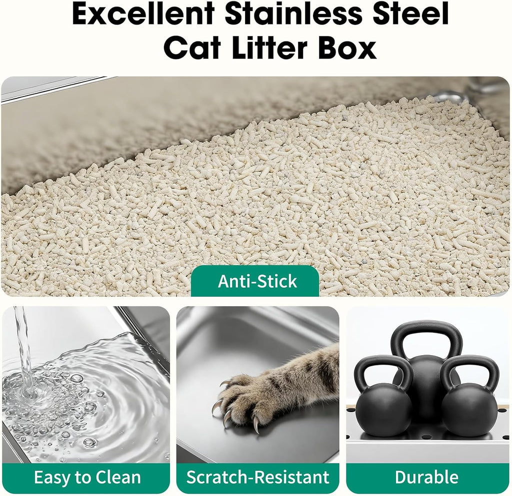 XXXL Stainless Steel Litter Box with Lid, 28" x 20" x 17", Light Grey
