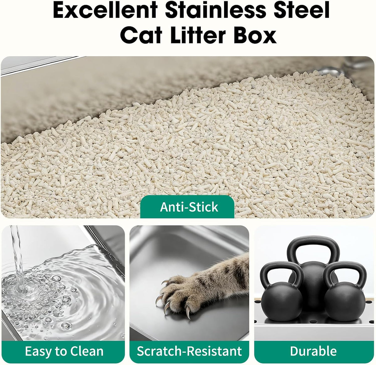 XXXL Stainless Steel Litter Box with Lid, 28" x 20" x 17", Light Grey