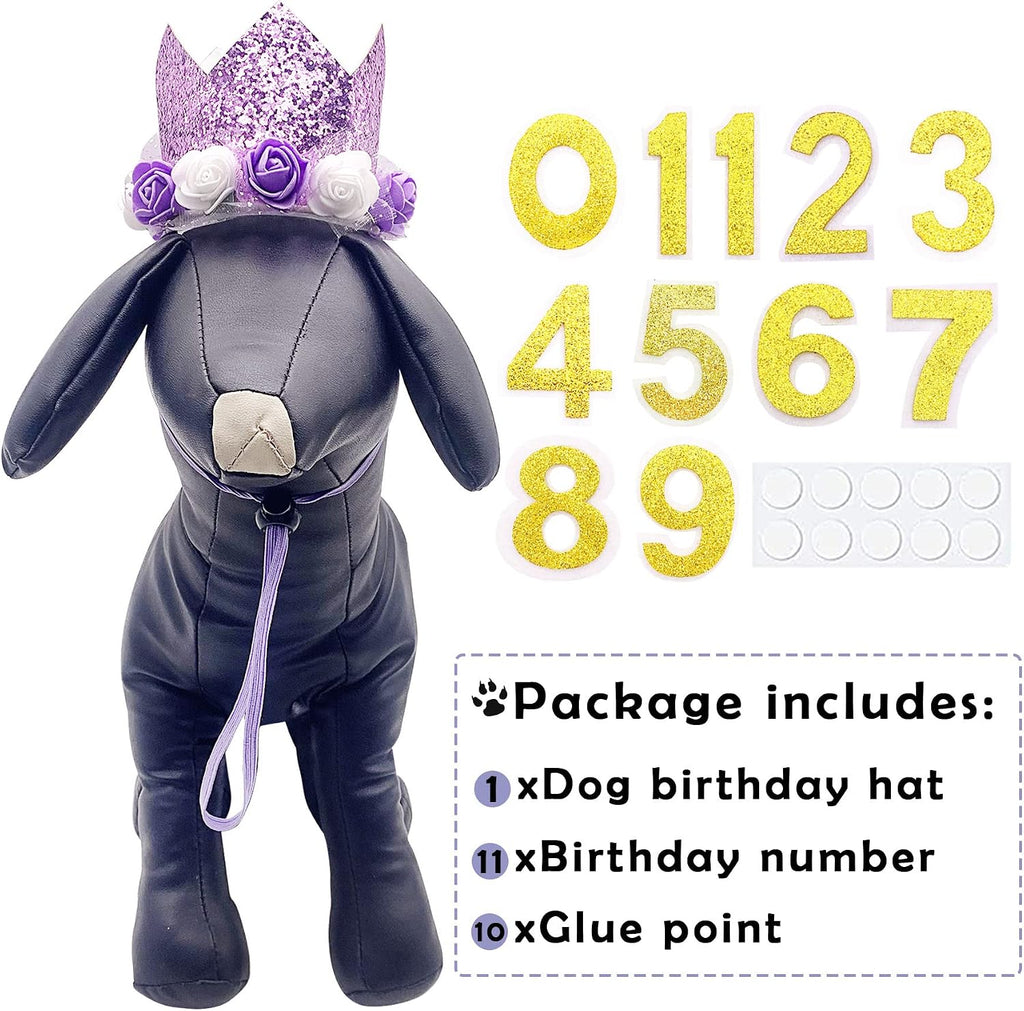PET SHOW Purple Crown Dog Birthday Party Hat for Girls Reusable Party Supplies Cat Kitten Headband with 0-9 Figures Charms Costume Accessories with Glue