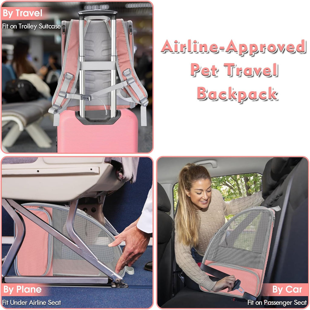 Cat Backpack Carrier, Small Dog Carrier Backpack with Fully Ventilated Mesh, Kitten Wand Feather Toy & Safety Leash, Collapsible Travel Hiking Pet Carrier for Small Dogs Cat Puppy Kitten Bunny (Pink)