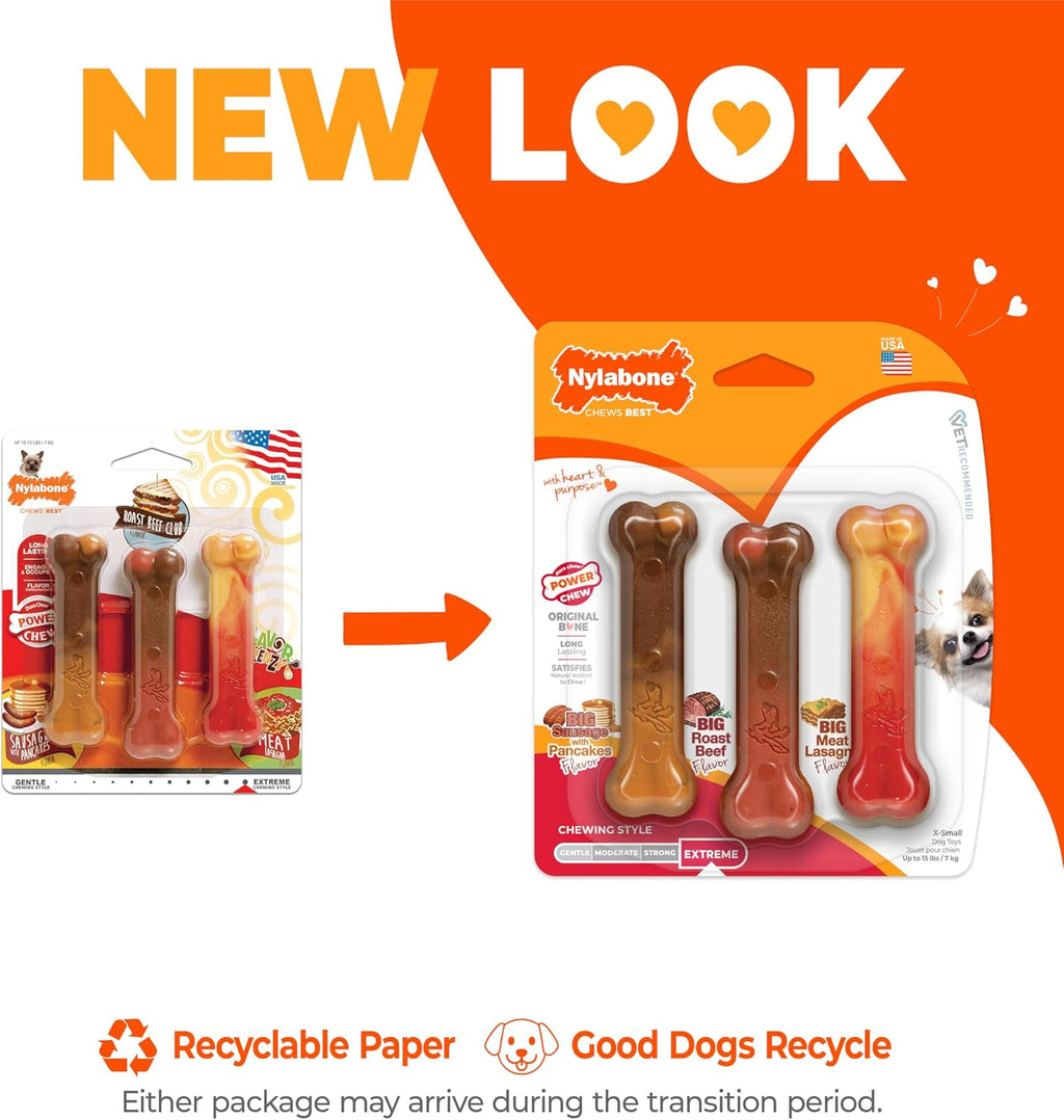 Nylabone Power Chew Original Bone Dog Chew Toys, X-Small, 3 Count | Pancakes & sausage, roast beef, & meat lasagna flavor, durable, long lasting, flavor throughout, for dogs up to 15 lbs