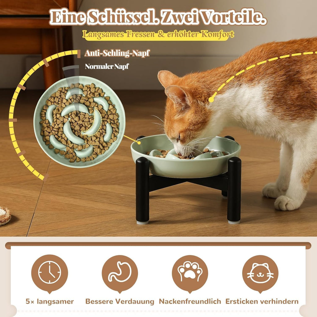 Elevated Slow Feeder Cat Bowl - Melamine Cat Food Plate with Anti-Slip Metal Stand - Raised Maze Dish for Slow Eating - Ivory White