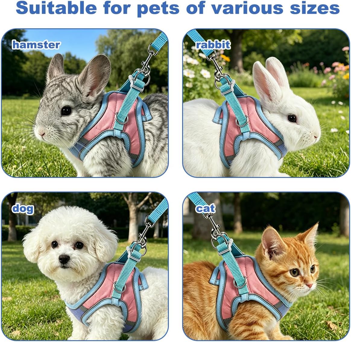 Bunny Harness and Leash Set Double Buckle | Soft Rabbit Harnesses with Carrot | Adjustable Reflective Strips Jacket Escape-Proof Vest for Puppy Guinea Pigs Pet Ferret Walking(Blue-Pink-M)