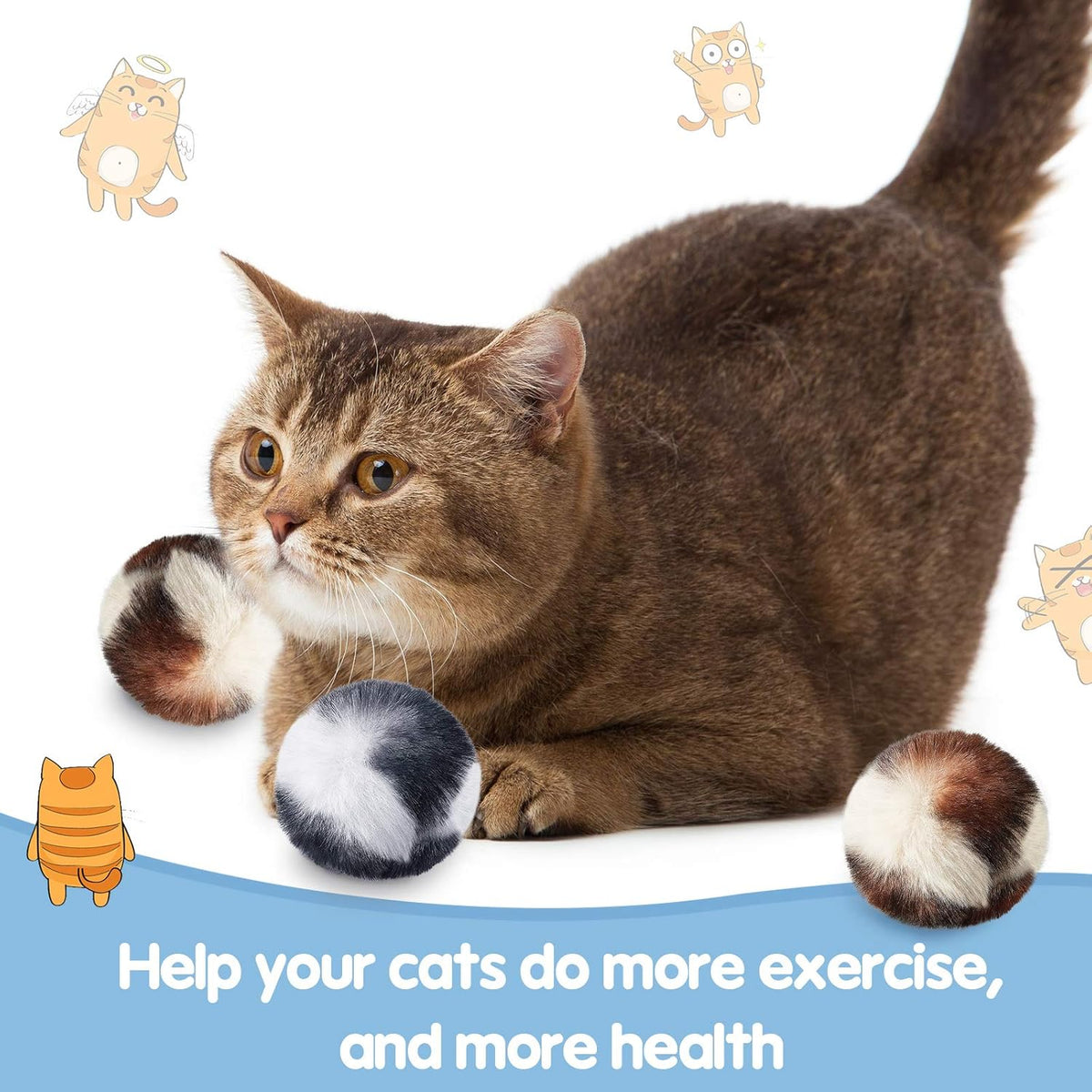 Skylety 8 Pack Cat Pom Poms Ball with Catnip Large Cat Balls Soft No Bells Quiet Interactive Toys Cute Fuzzy Artificial Balls Faux Fur 2 Inches for Kitten Pet Gifts Chasing Playing Exercising Indoor