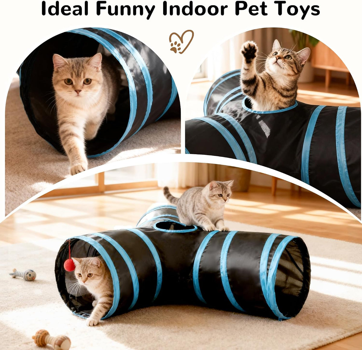 Tempcore Cat Tunnel, 3-Way Collapsible Toy for Indoor Cats, Black & Blue | 3-Way Cat Tunnel with Peek Holes, Hanging Ball and Teaser Wand, Collapsible Design for Play, Hiding, Chasing and Exercise