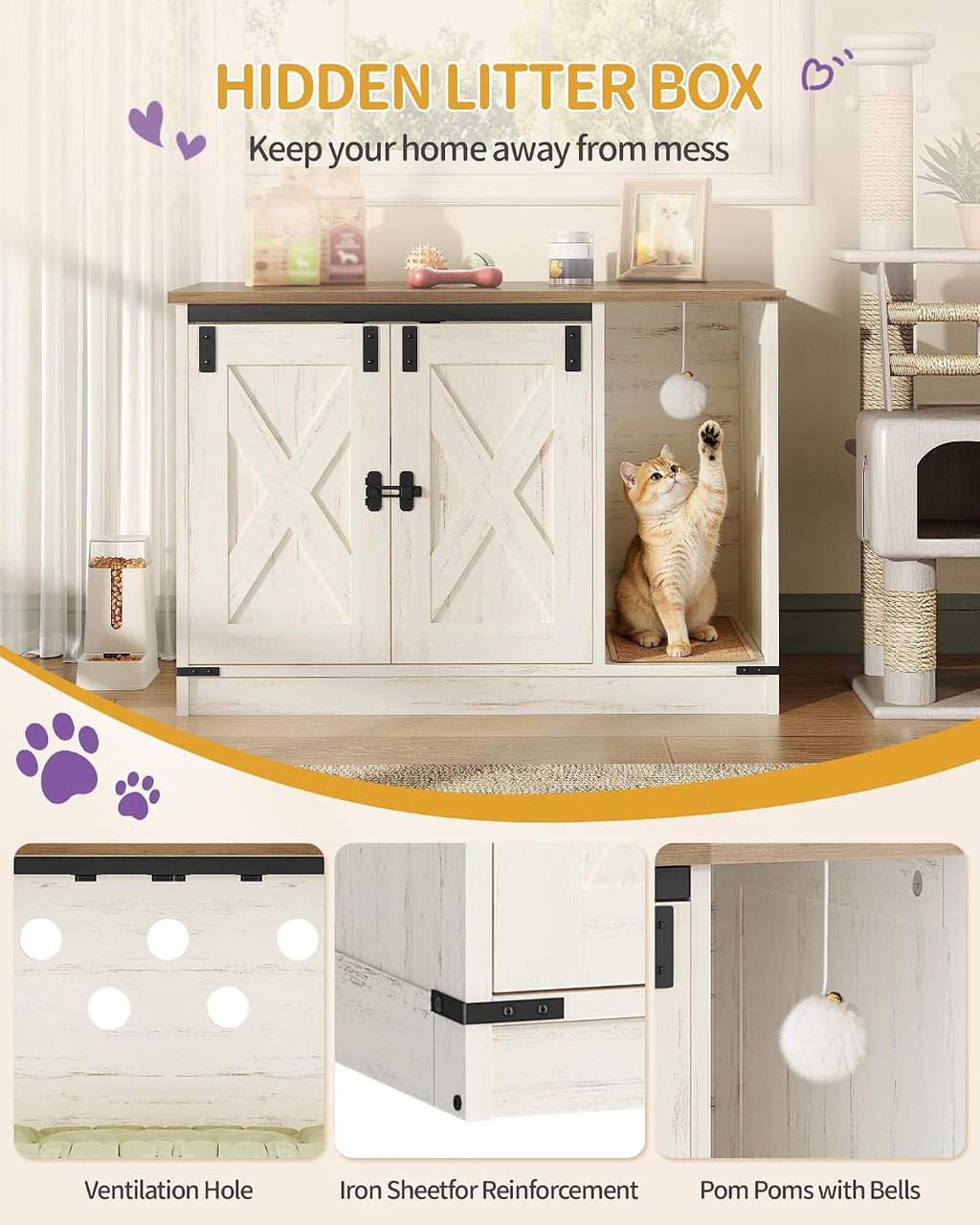 Hzuaneri Cat Litter Box Enclosure, Hidden Litter Box Cabinet Furniture | Indoor Cat House with Bell, Farmhouse Style, 31.5 x 19.7 x 20.9 Inches, for Hallway, Bedroom, Rustic Brown and White CB82414X