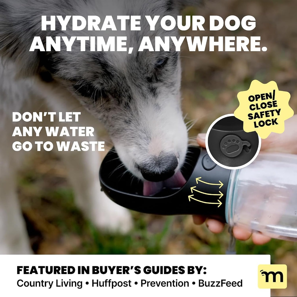 MalsiPree Dog Water Bottle - 19 Oz, Black, BPA-Free - Portable & Lightweight Water Dispenser with Bowl for Dogs - Leak-Proof for Travel, Trail Hiking, Park Visit, Camping & Beach Days