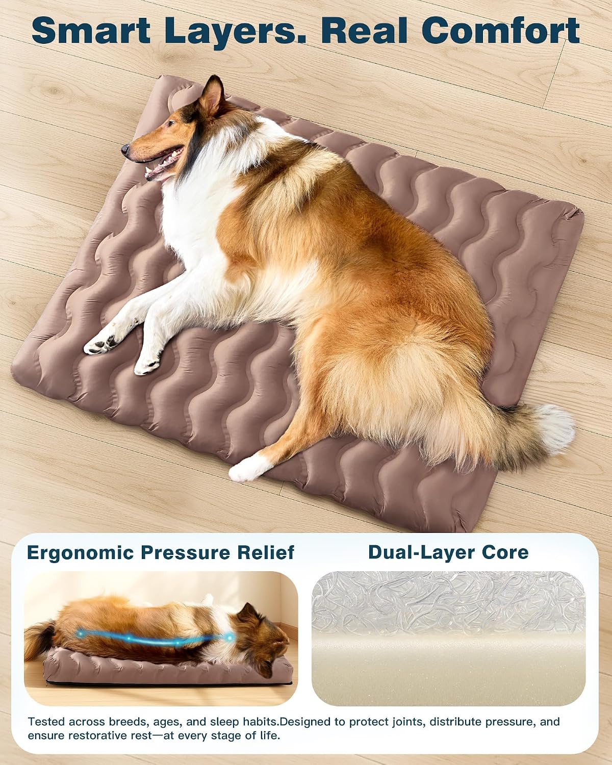 Washable Dog Bed, Cooling Dog Crate Bed Mat with Memory Foam, Water-Resistant Outdoor Dog Bed for Large Medium Small Dogs