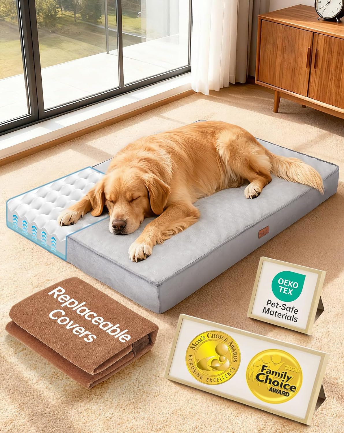 OhGeni Orthopedic Large Dog Bed with Two Covers, 41 inch-XL(Gray+Brown)