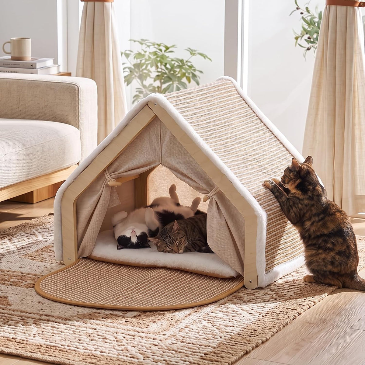 Cat House Indoor, 3-in-1 Wicker Cat Condo Scratcher Cave