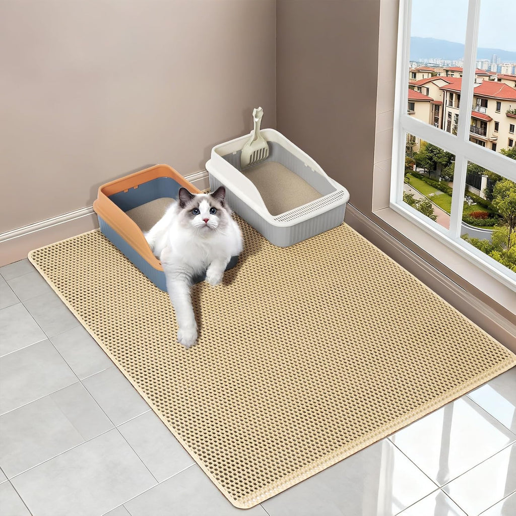 Cat Litter Mat XL 28"x47", Litter Mats Extra Large Easy Clean, Less Mess | EVA Double-Layer Honeycomb Litter Trapping Mat, Anti-Scatter Anti-Tracking Cat Mat, Waterproof, Rinse or Vacuum(Khaki)