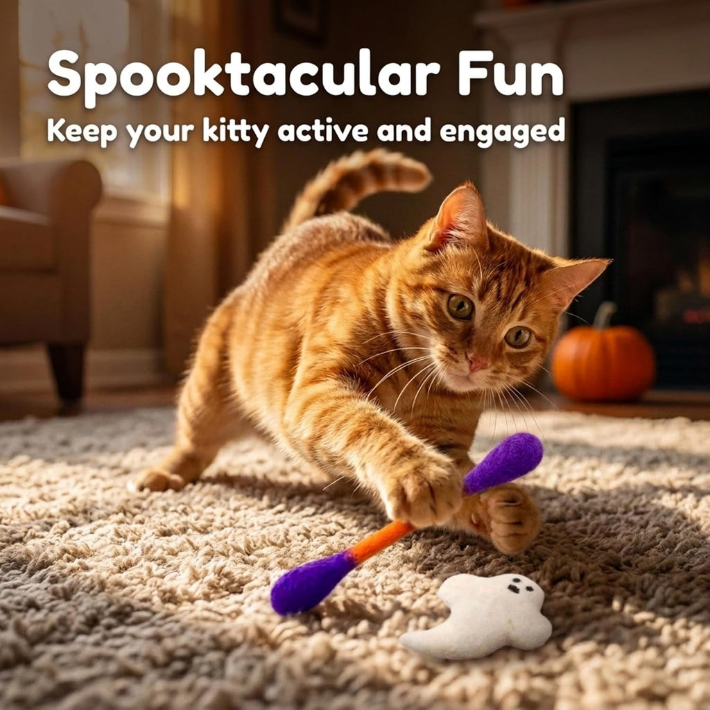Glaciart One Halloween Cat Toys with Catnip – 7 Pack Felt Swab Cat Toys + Ghost Toy, Interactive Wool Cat Toys for Indoor Cats & Kittens, Handmade Natural Catnip Toys for Chase, Chew & Play