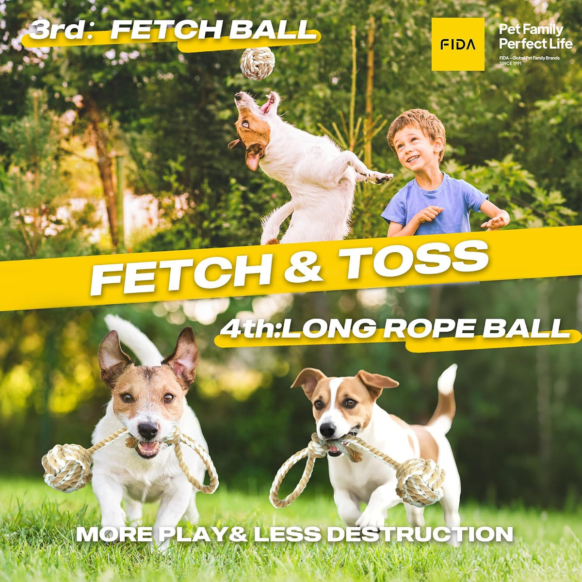 Fida Dog Rope Toys, 4 Pack Cotton Puppy Teething and Chew Toys | Durable Rope Toys for Tug of War and Interactive Play, Indoor/Outdoor, Helps Relieve Boredom for Small Medium Dogs