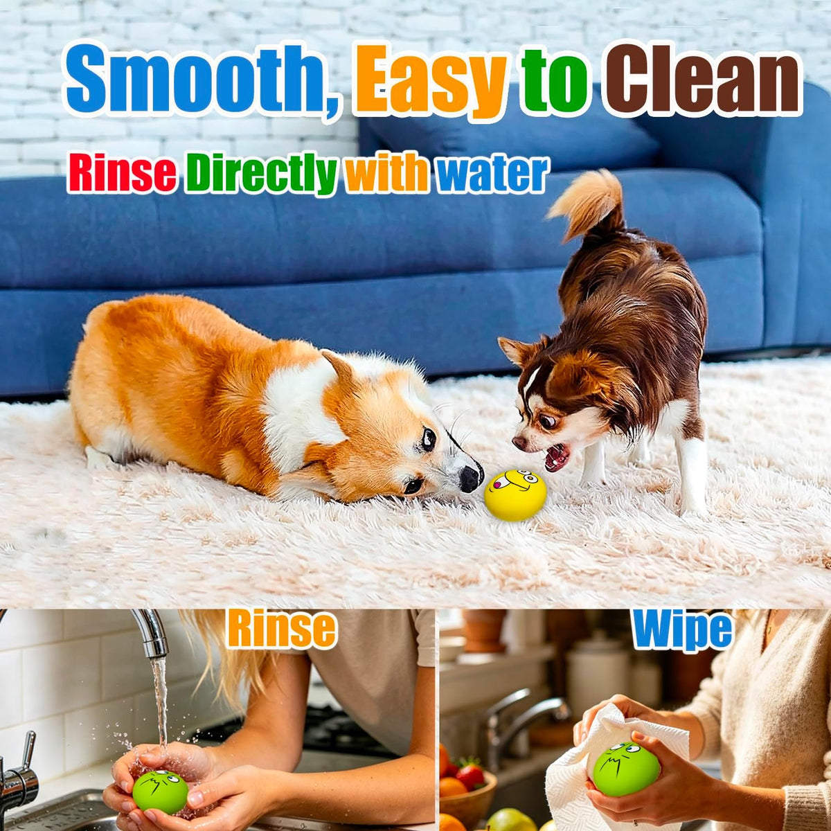 HOLYSTEED Latex Squeaky Dog Toys for Small Dogs, Mini Breed, 2.2" Flat Ball | 2.2"x2.2"x1.3" Flat Squeaky Balls 6pcs, Soft Small Dog Toys Chewing Squeak Toy, Smile Face Fetch Puppy Pet Toy with Squeaker