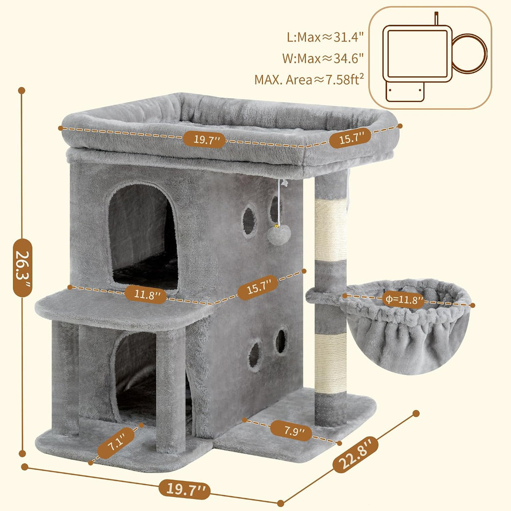 Heybly 26.3" Cat Tree for Large Cats with Big Perch & Dual Condos HCT204SW
