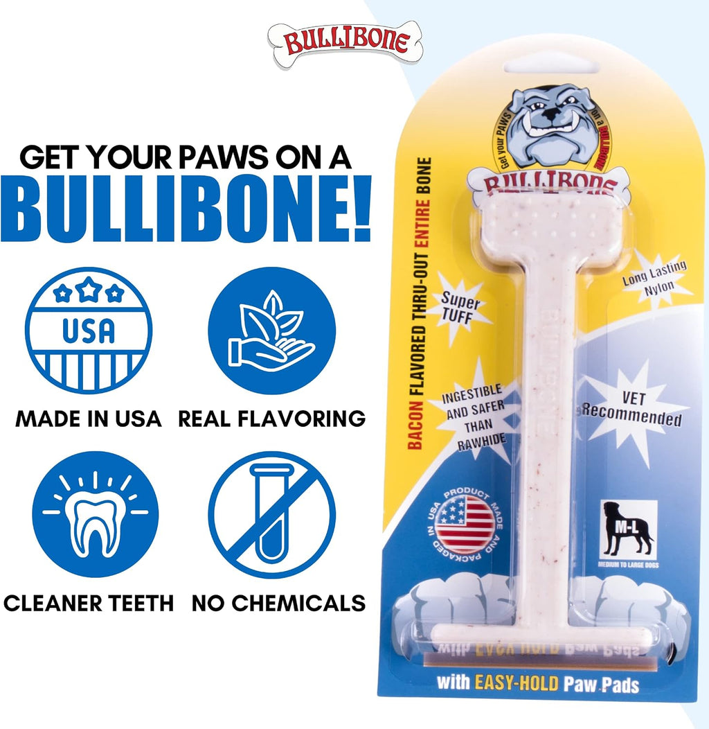 Bullibone Nylon Dog Chew Toy for Aggressive Chewers - Dental Hygiene Bone with Bacon Flavor, Durable Tough Chew Toys for Extra Large Dogs, Indestructible Dog Bone - 2 Pack
