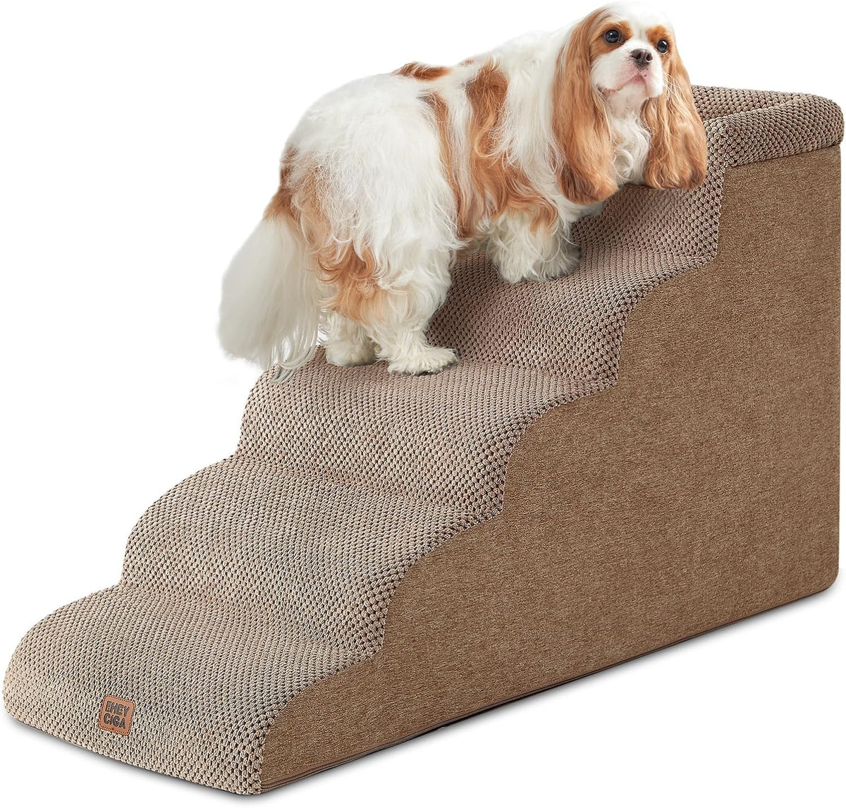 EHEYCIGA 5-Step Curved Dog Stairs for High Beds 20.7" H, Camel
