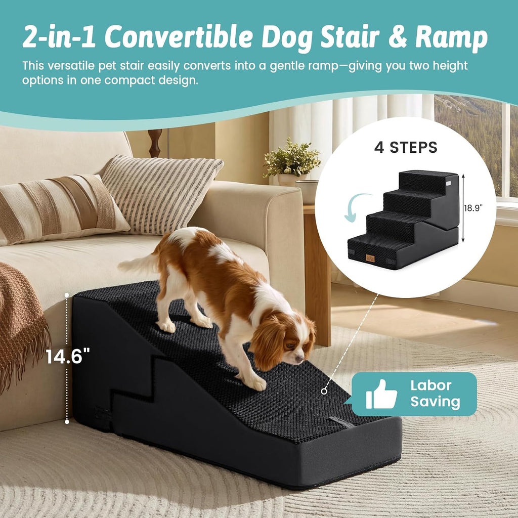 COZY KISS Dog Stairs for Small Dog, 18.9" H, 4 Step pet Step for Bed, Black