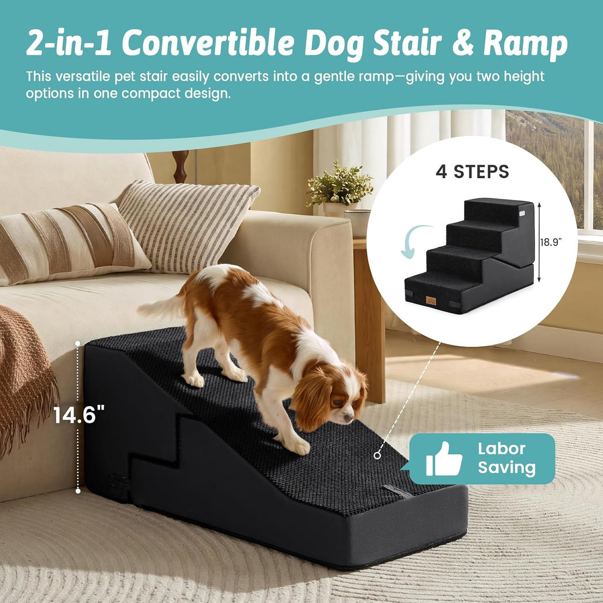 COZY KISS Dog Stairs for Small Dog, 18.9" H, 4 Step pet Step for Bed, Black