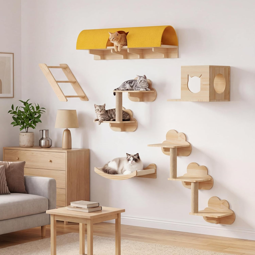 Cat Wall Shelves, 12-in-1 Wood Cat Wall Furniture Set with Tunnel