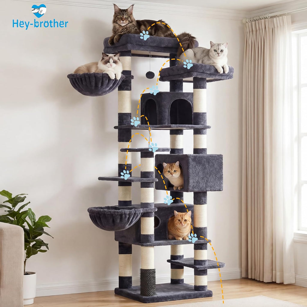 Hey-brother Cat Tree, Multi-Level Tower with 3 Condos, Hairbrush, MPJ035-MG