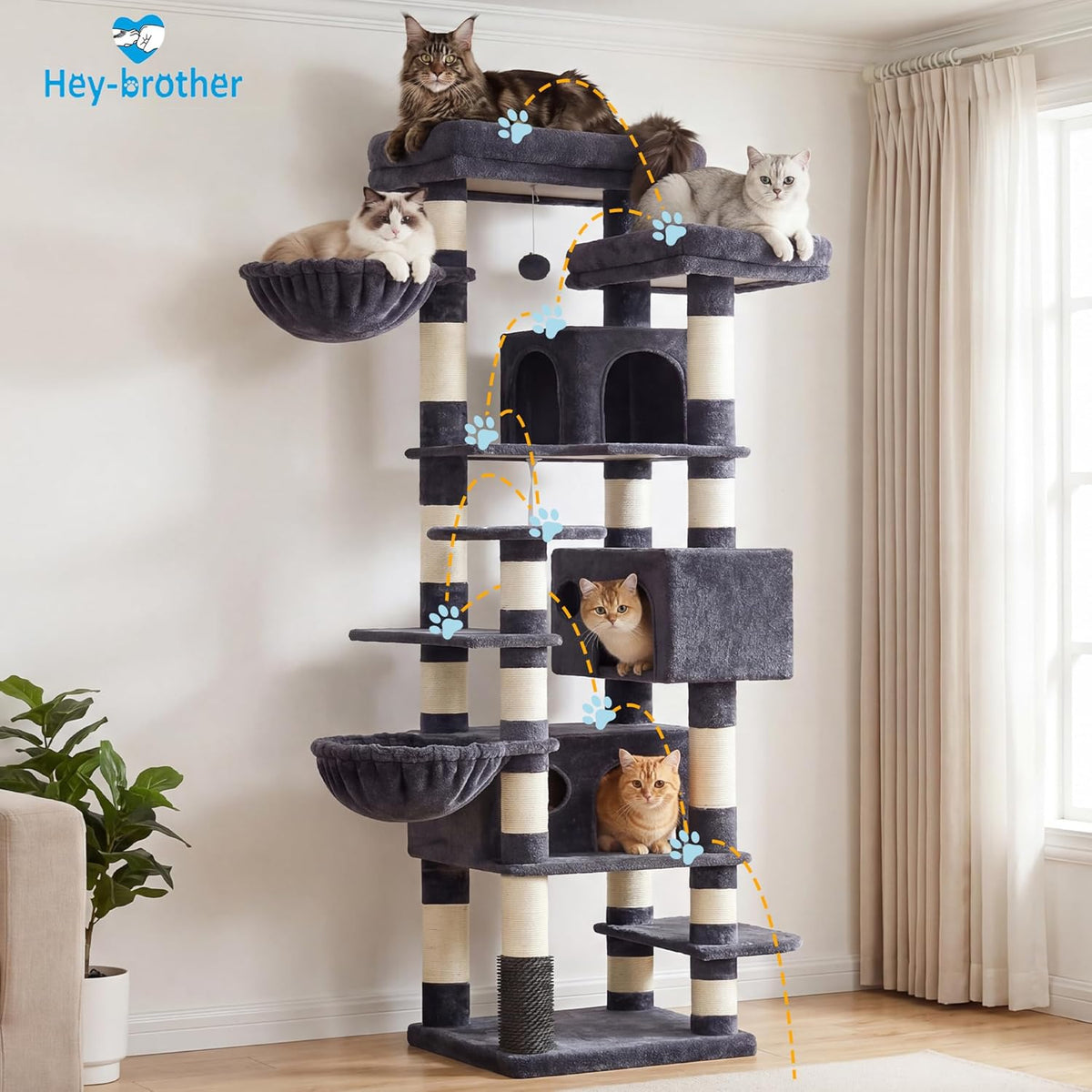 Hey-brother Cat Tree, Multi-Level Tower with 3 Condos, Hairbrush, MPJ035-MG