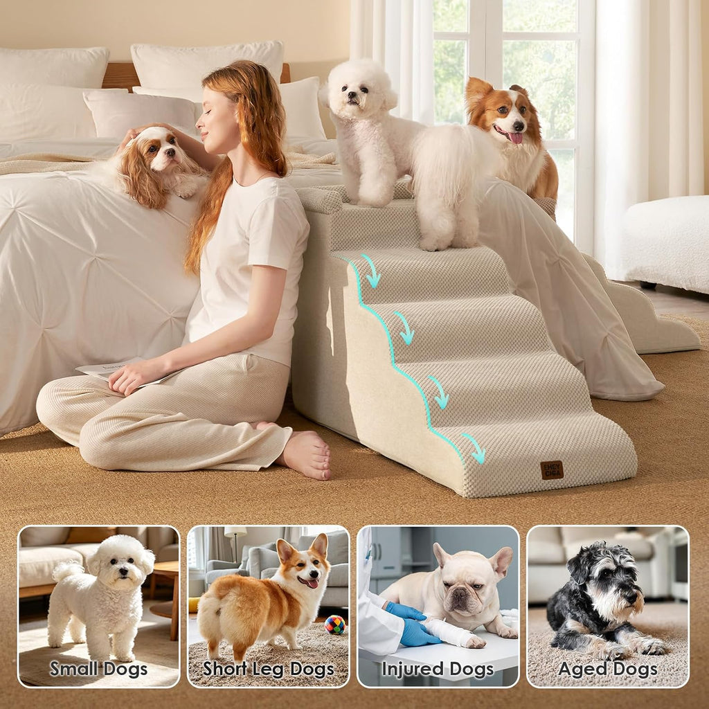 EHEYCIGA 5-Step Curved Dog Stairs for High Beds 20.7" H, Beige