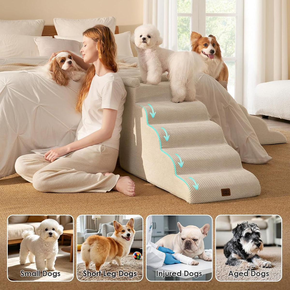 EHEYCIGA 5-Step Curved Dog Stairs for High Beds 20.7" H, Beige