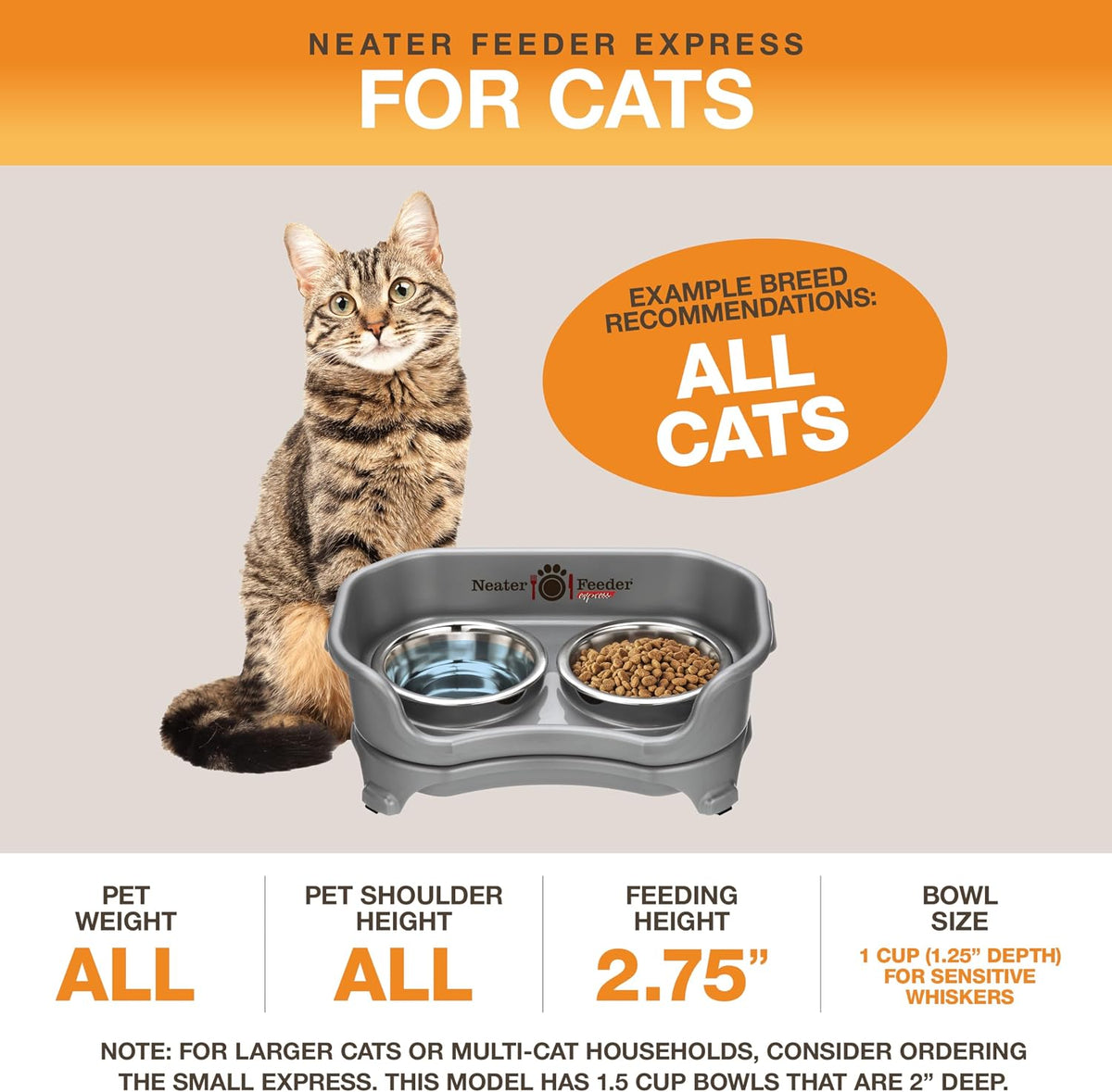 Neater Feeder Express Mess Proof Cat Bowls Elevated, No Spill Feeding Station, Stainless Steel Dishes for Food and Water, Raised Bowls for Indoor Cats, No Fatigue Whisker Friendly Dish, Grey 