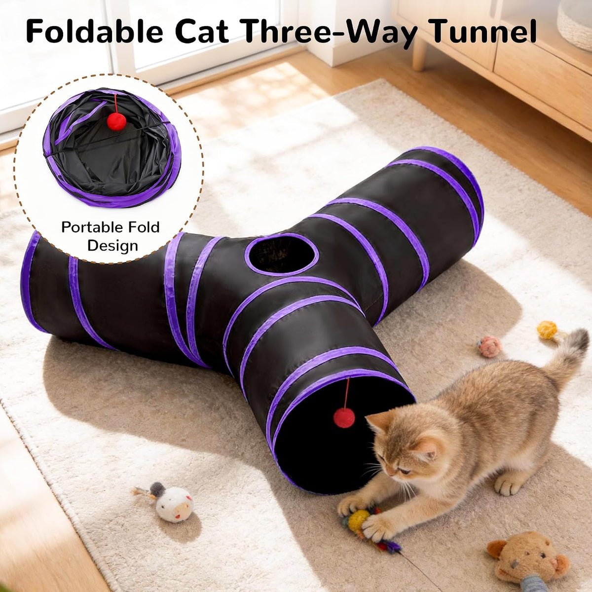Tempcore Cat Tunnel, 3-Way Collapsible Toy, Large Size Black & Purple | Large Size 3-Way Cat Tunnel Provides More Room for Cats to Run, Hide and Chase, with Peek Holes, Hanging Ball and Teaser Wand