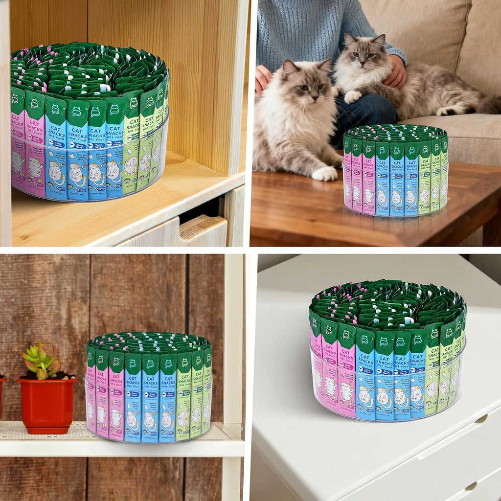 Lickable Cat Treats Organizer, 9 inches Lazy Susan Acrylic Squeeze Up Cat Food Storage Container, Wet Cat Treats Storage for Kitchen Cabinet Pantry Shelf Countertop