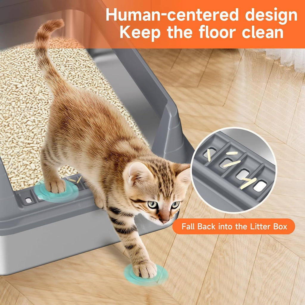 Stainless Steel Cat Litter Box Low Entry Litter Pan Include Scoop | Odor Free Metal High Sides Lid Open Top Easy Cleaning Anti-Scratc Anti-Urine Leakage Non-Sticky