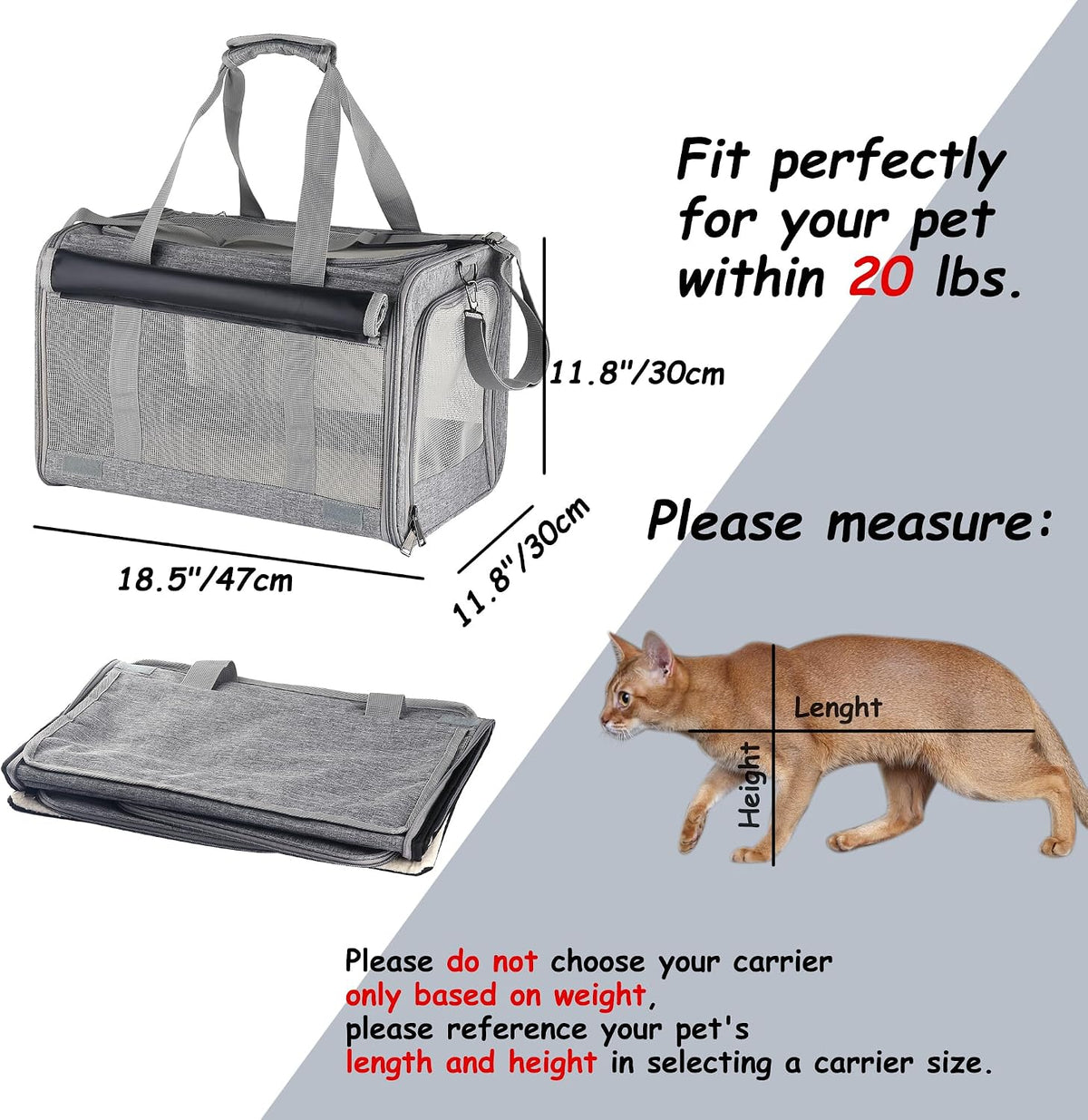 Large cat Carrier Pet Carrier Dog Carrier for Cats Dogs Soft Sided Cat Travel Carrier Airline Approved Rabbit Carrier Reptile Carrier Small Animal Carriers Kitten Carrier(Large Grey)