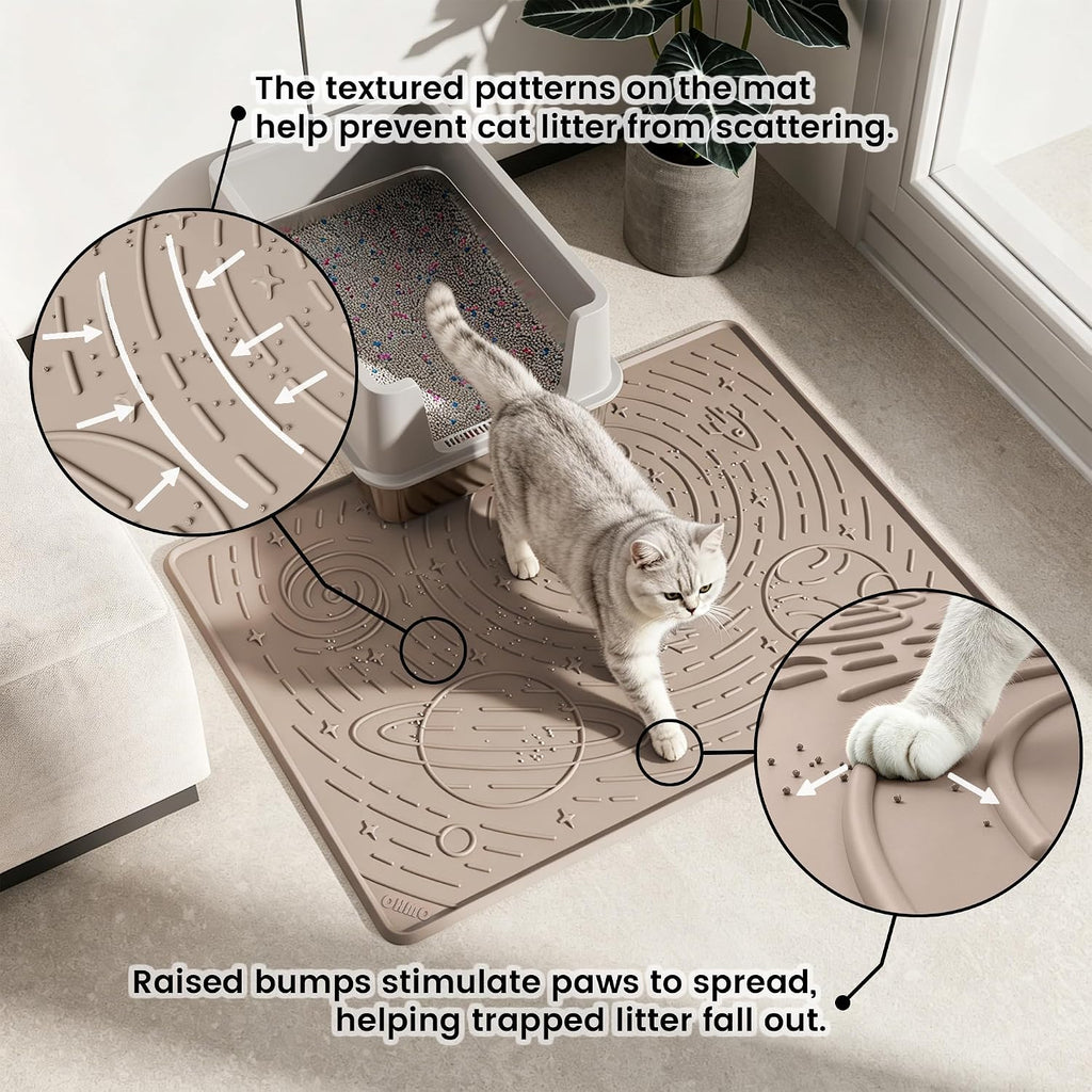 OHMO Cat Litter Mat Large Litter Box Mat, 31.5x23.6 Beige, Premium BPA-Free Silicone Rubber Kitty Litter Mat for Litter Box, High Edge Scatter Control Non-Slip Waterproof Litter Trapping Mat