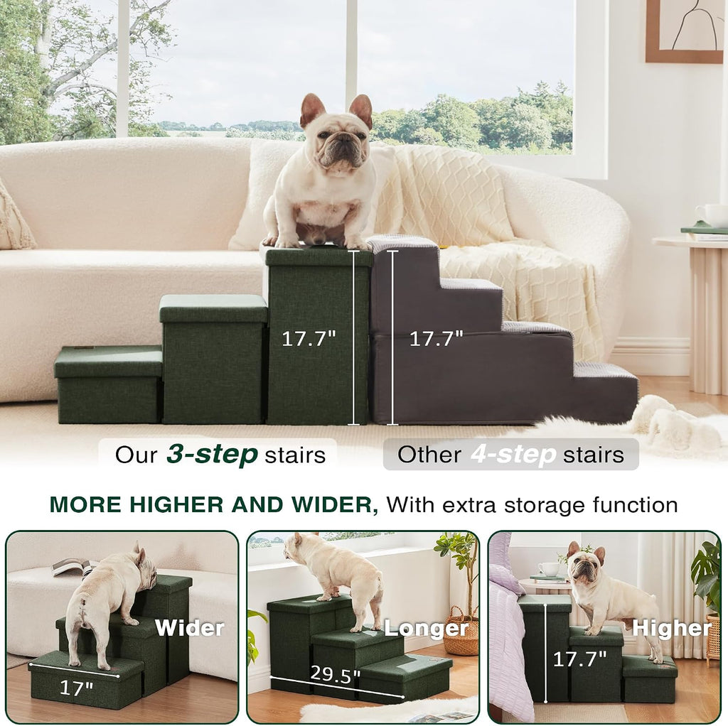 Love's cabin Dog Stairs for High Bed, Foldable Pet Stairs for Small Medium or Large Dogs Puppy with Storage for Bed or Couch, Cat Dog Steps Ramp with Zip up to 200 lbs, Dark Green, 3 Steps