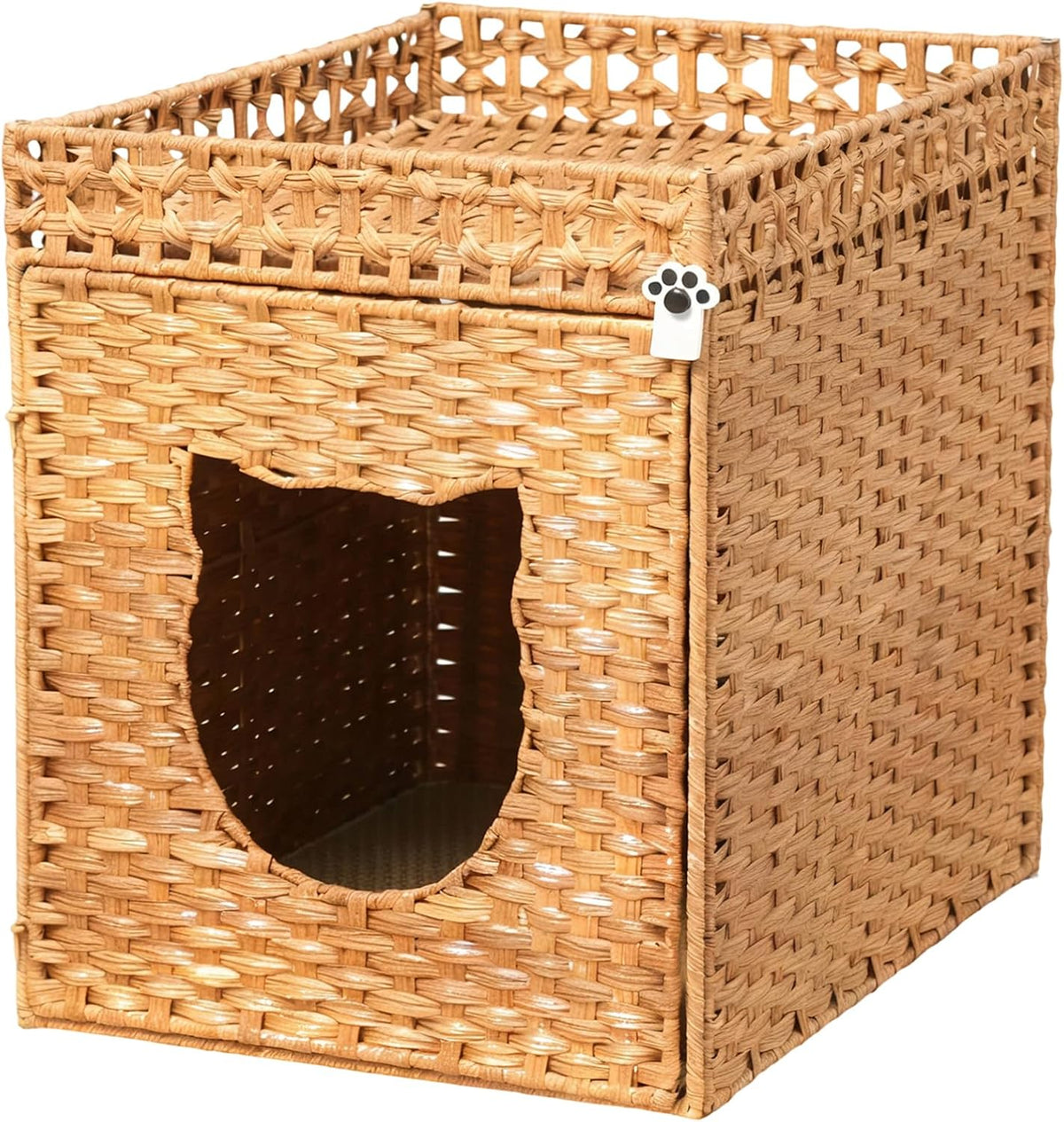 Handwoven Rattan Cat Litter Box Enclosure for Large Litter Boxes, 24.5-Inch Deep Hidden Cat Washroom Furniture with Litter Mat & 2 S-Hooks, Natural