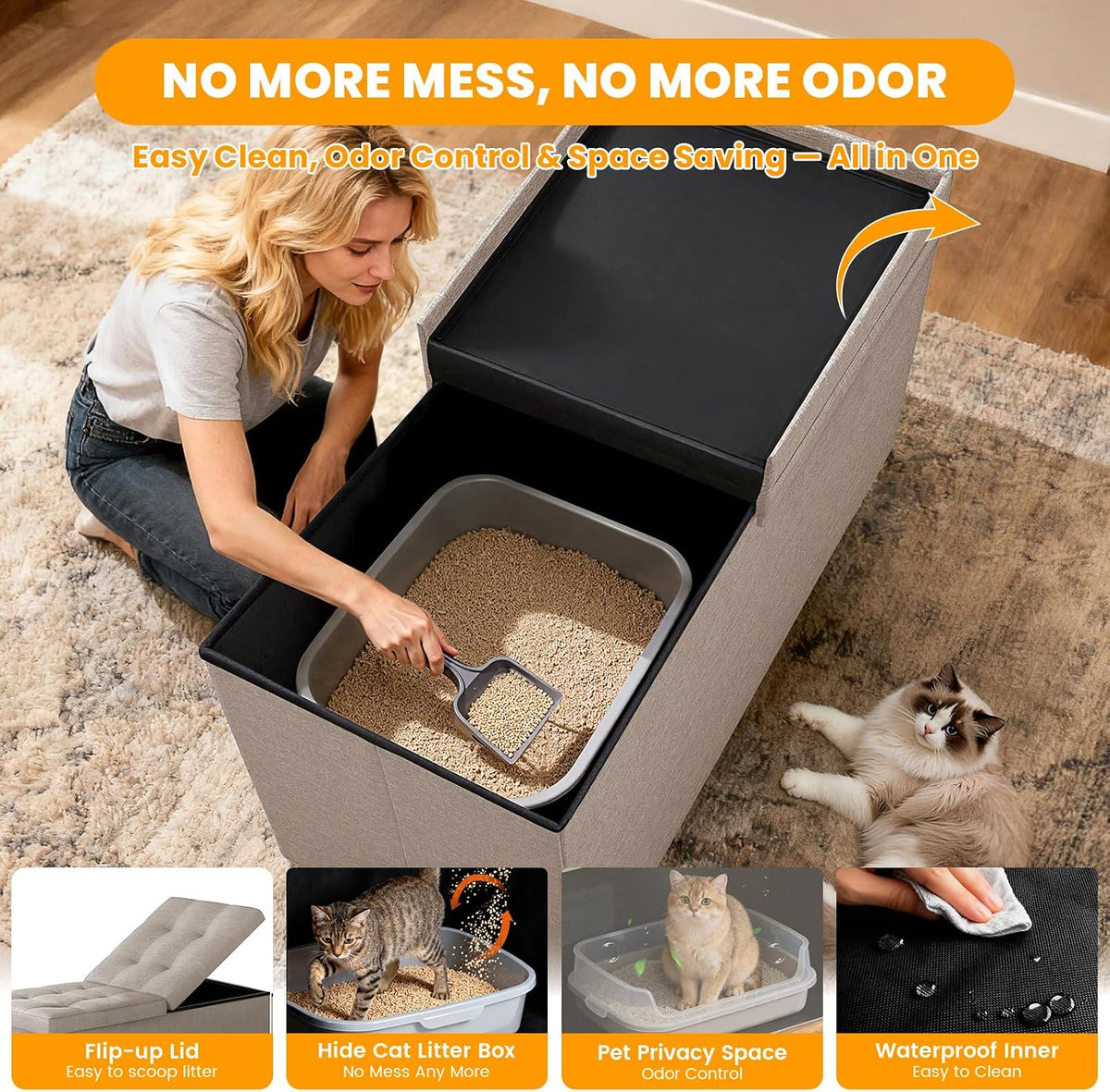 3-in-1 Cat Litter Box Enclosure Furniture, XX-Large, Light Grey