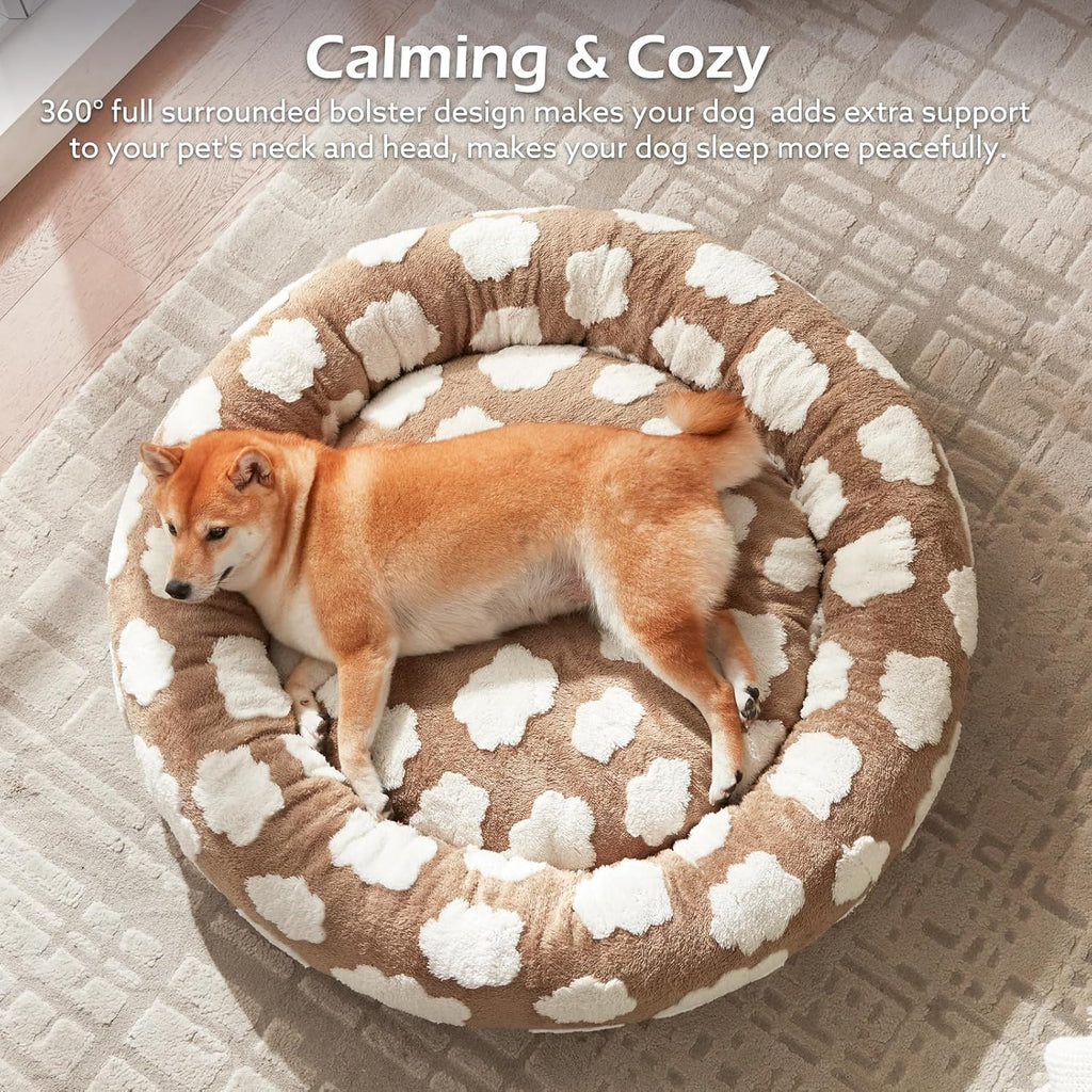 JOEJOY Jacquard Donut Round Small Dog Beds,Brown 23x23x8in, Removable Washable Cover, Cute Pattern, Ultra Soft Fluffy Calming Pet Bed with Thick Supportive Bolster