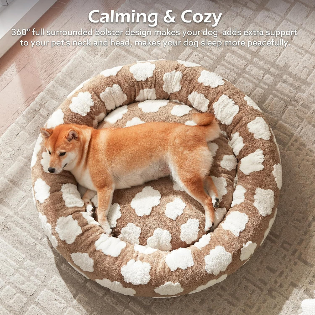JOEJOY Jacquard Donut Round Small Dog Beds,Brown 23x23x8in, Removable Washable Cover, Cute Pattern, Ultra Soft Fluffy Calming Pet Bed with Thick Supportive Bolster