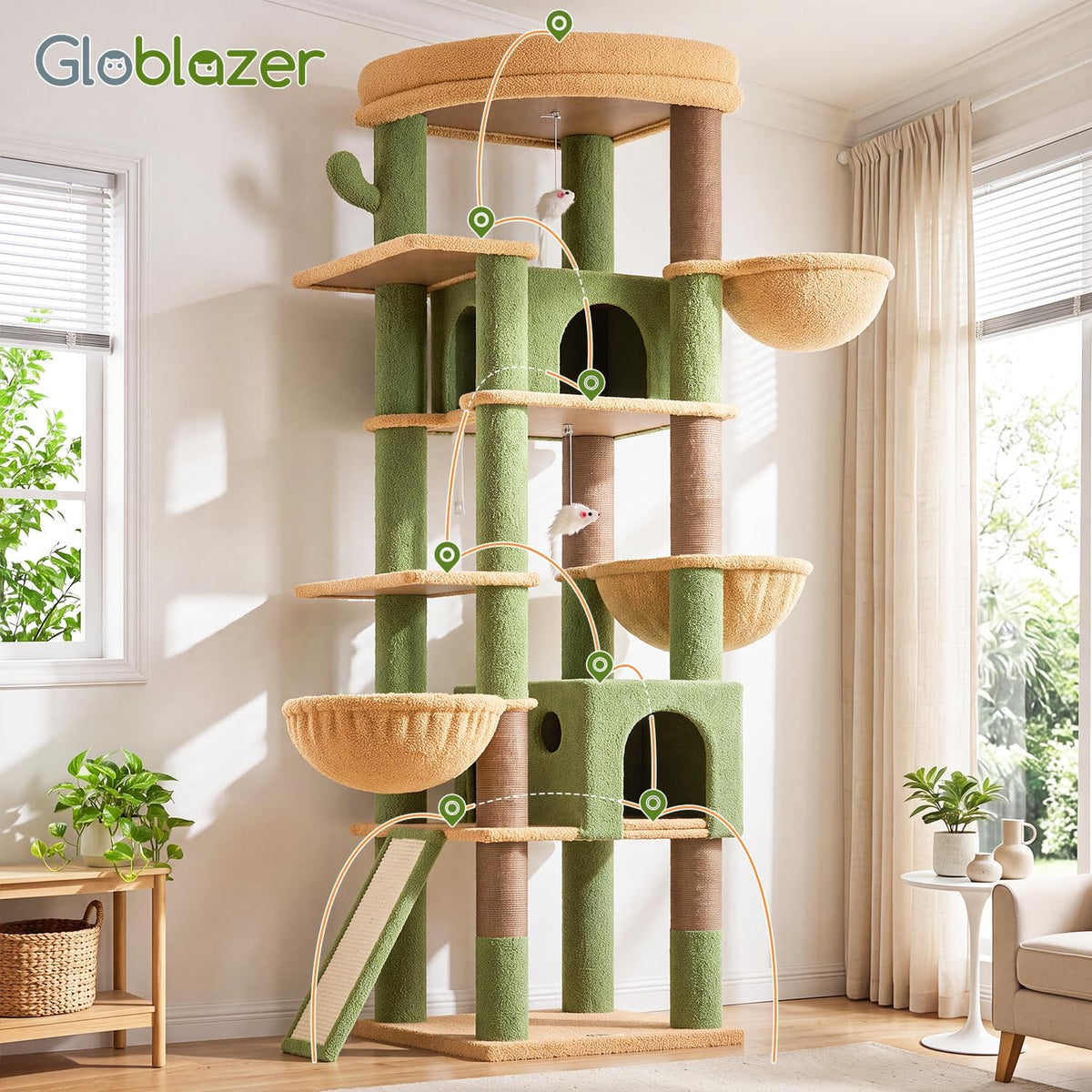 Globlazer Extra Large Cactus Cat Tree for Indoor Multiple Cats, S78G, Green