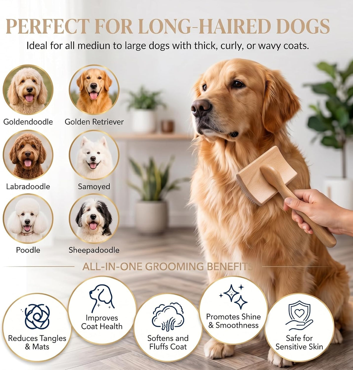 3-in-1 Long Pin Slicker Brush Set, Pet Grooming Kit, Natural Wood