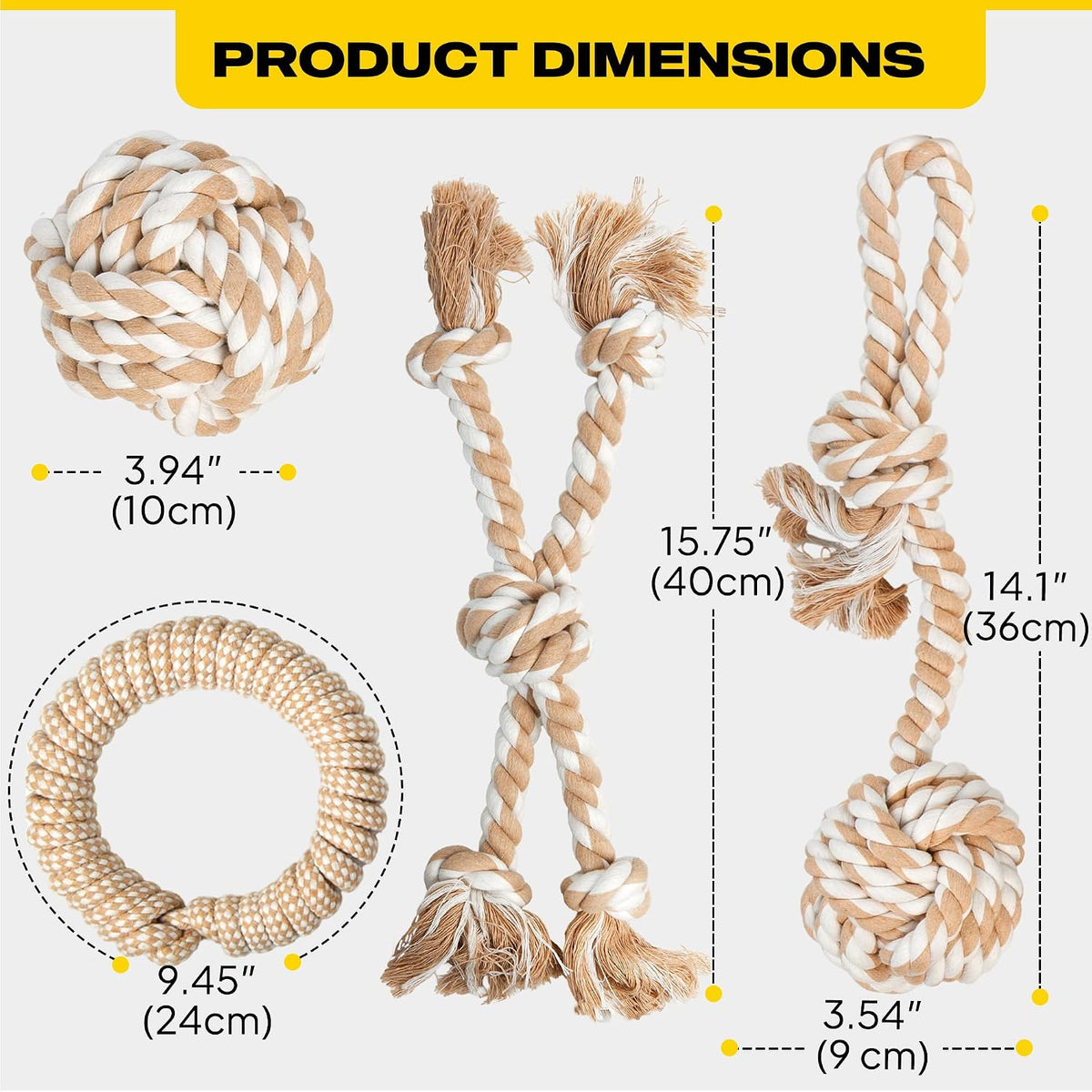 Fida Heavy Duty Dog Rope Toys for Medium Large Dogs, Chew Tug Toys, 4 Pack | Natural Cotton, Ball/Ring/Knot/Twist for Interactive Play, Tug of War, Fetch, to Keep Them Busy